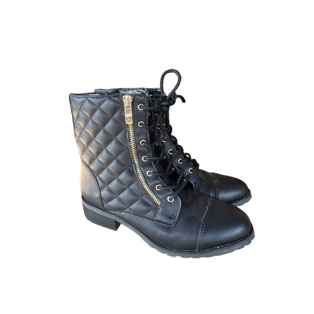 Liz Claiborne Womens Black‎ Quilted Combat Lace Up Side Zip Boots Size 7